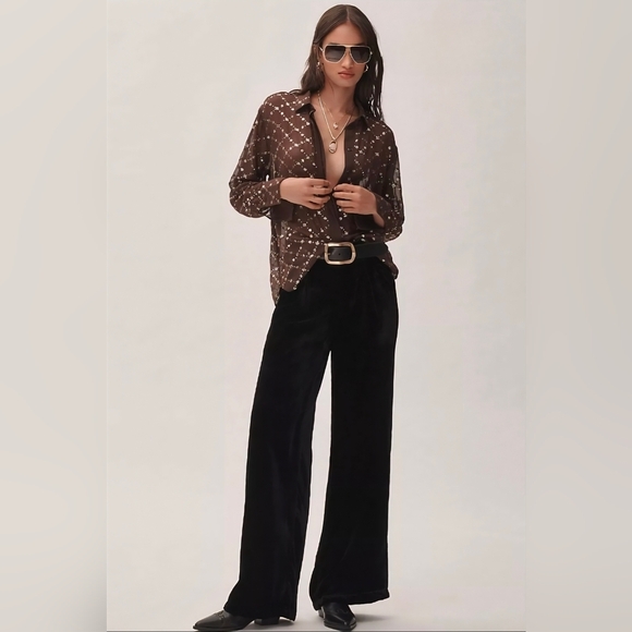 Anthropologie Black Velvet Wide-Leg Pants Size M NWT
